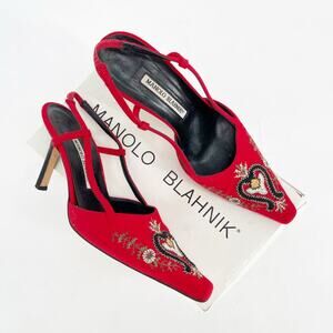 Manolo Blahnik Vintage Red Floral Embroidered Pointed Toe Slingback Heel IT 38